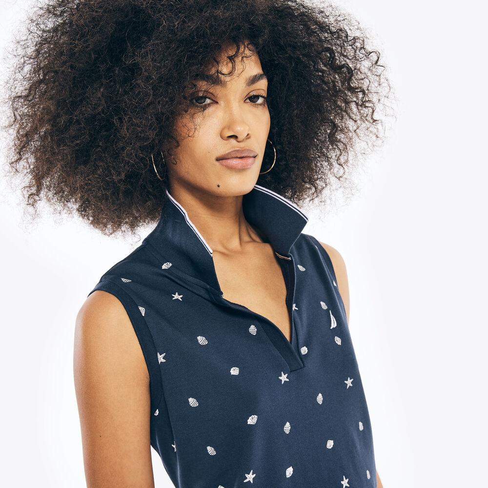 SLEEVELESS PRINTED POLO DRESS,Stellar Blue Heather,large