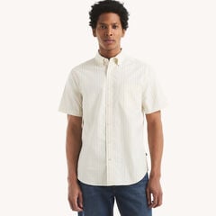 Striped Short-Sleeve Oxford Shirt,Jute,large