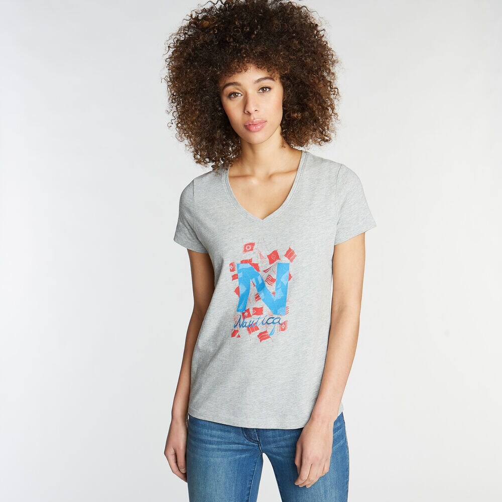 CLASSIC FIT V-NECK T-SHIRT IN LOGO GRAPHIC,Grey Heather,large
