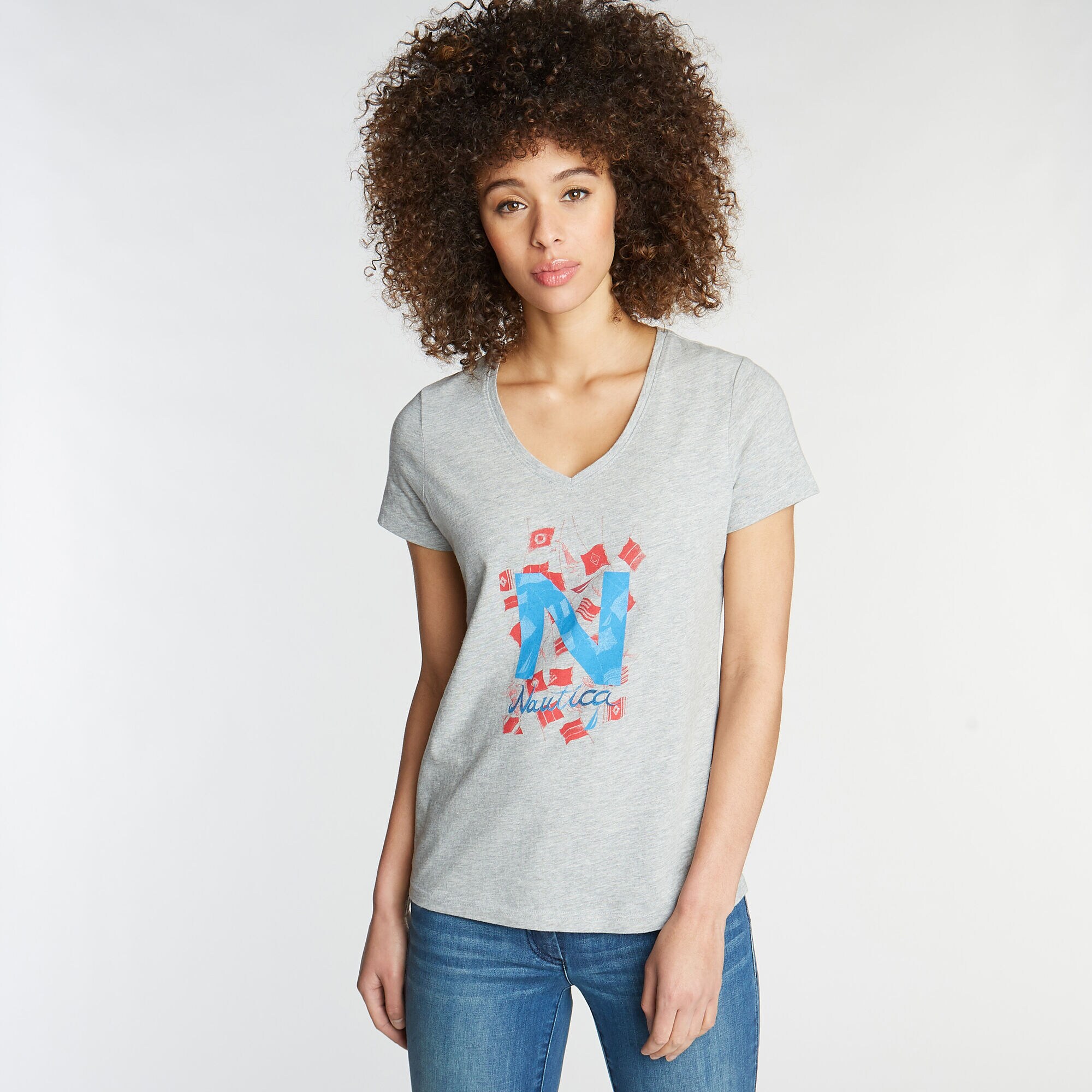 CLASSIC FIT V-NECK T-SHIRT IN LOGO GRAPHIC,Grey Heather,large