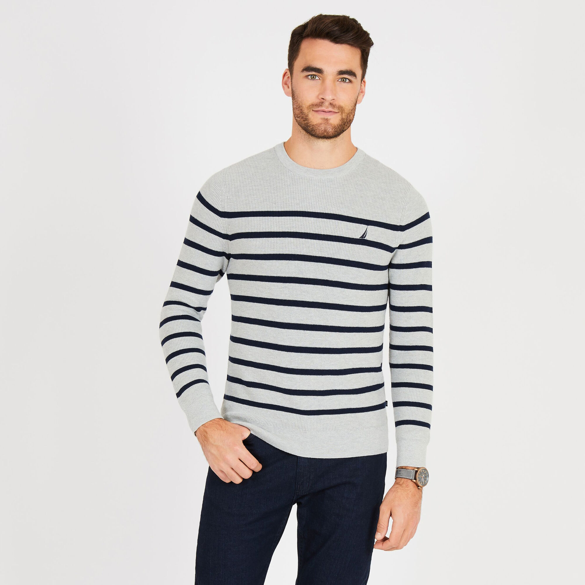 Navtech Breton Stripe Crewneck Sweater,Grey Heather,large