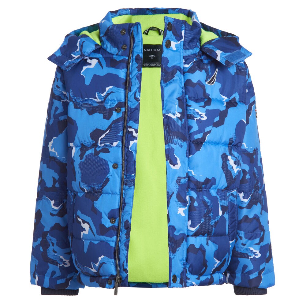 BOYS' WATER-RESISTANT CAMOUFLAGE BUBBLE COAT (8-20),Bright Cobalt,large