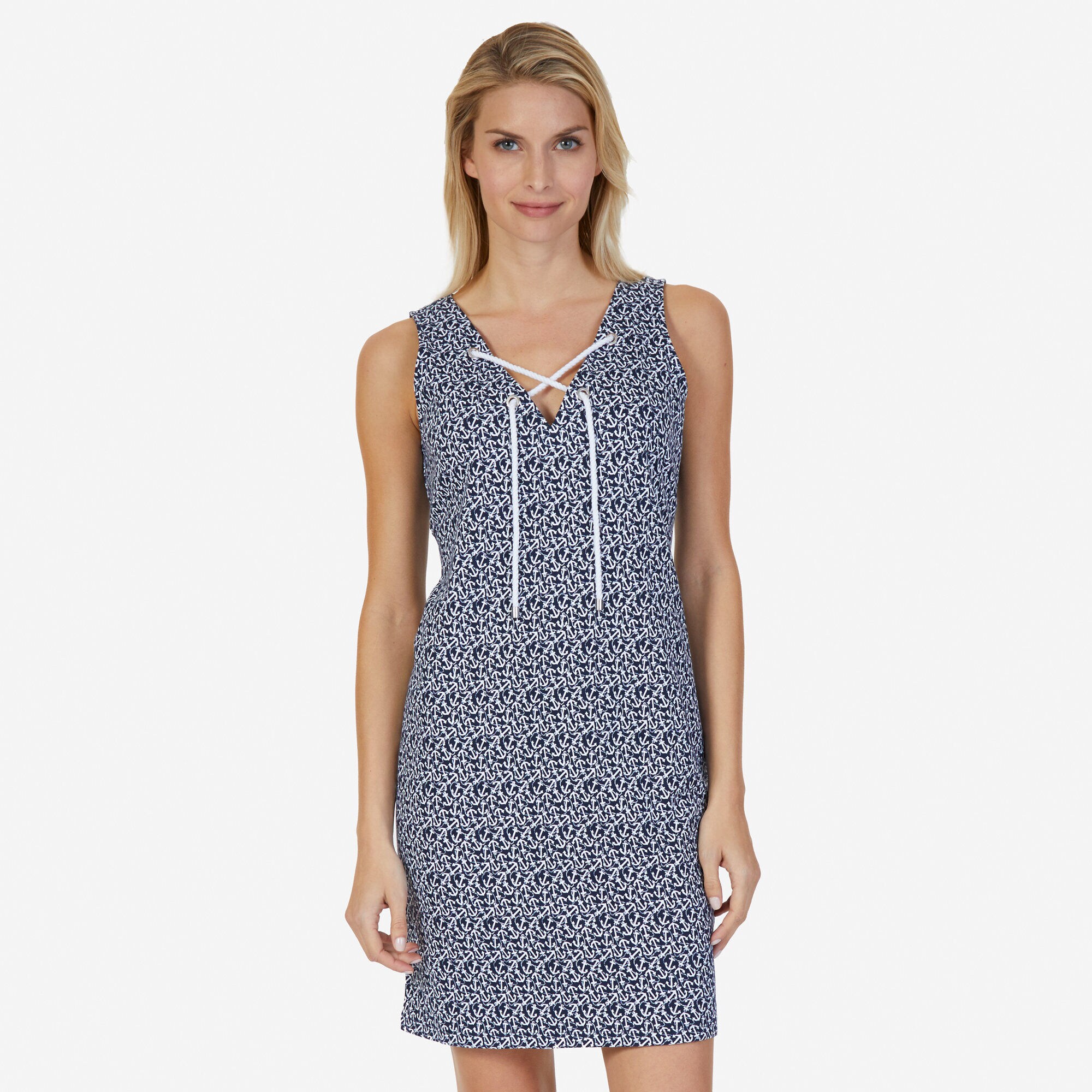 Lace-Up Anchor Print Dress,Stellar Blue Heather,large