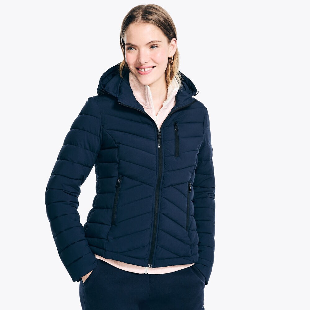 Packable Short Puffer Jacket With Hood,Stellar Blue Heather,large