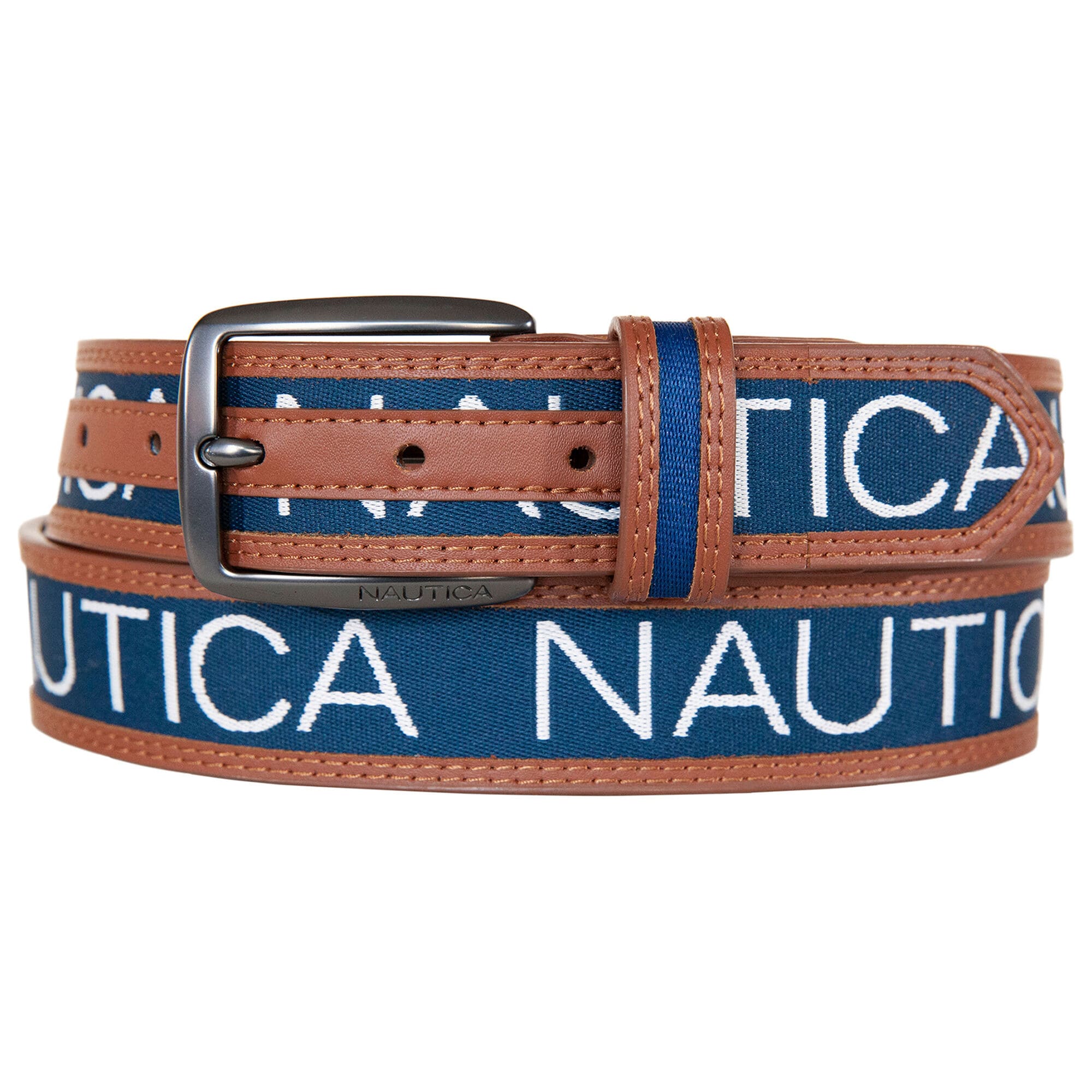 Logo Ribbon Leather Belt,Workshirt Blue,large