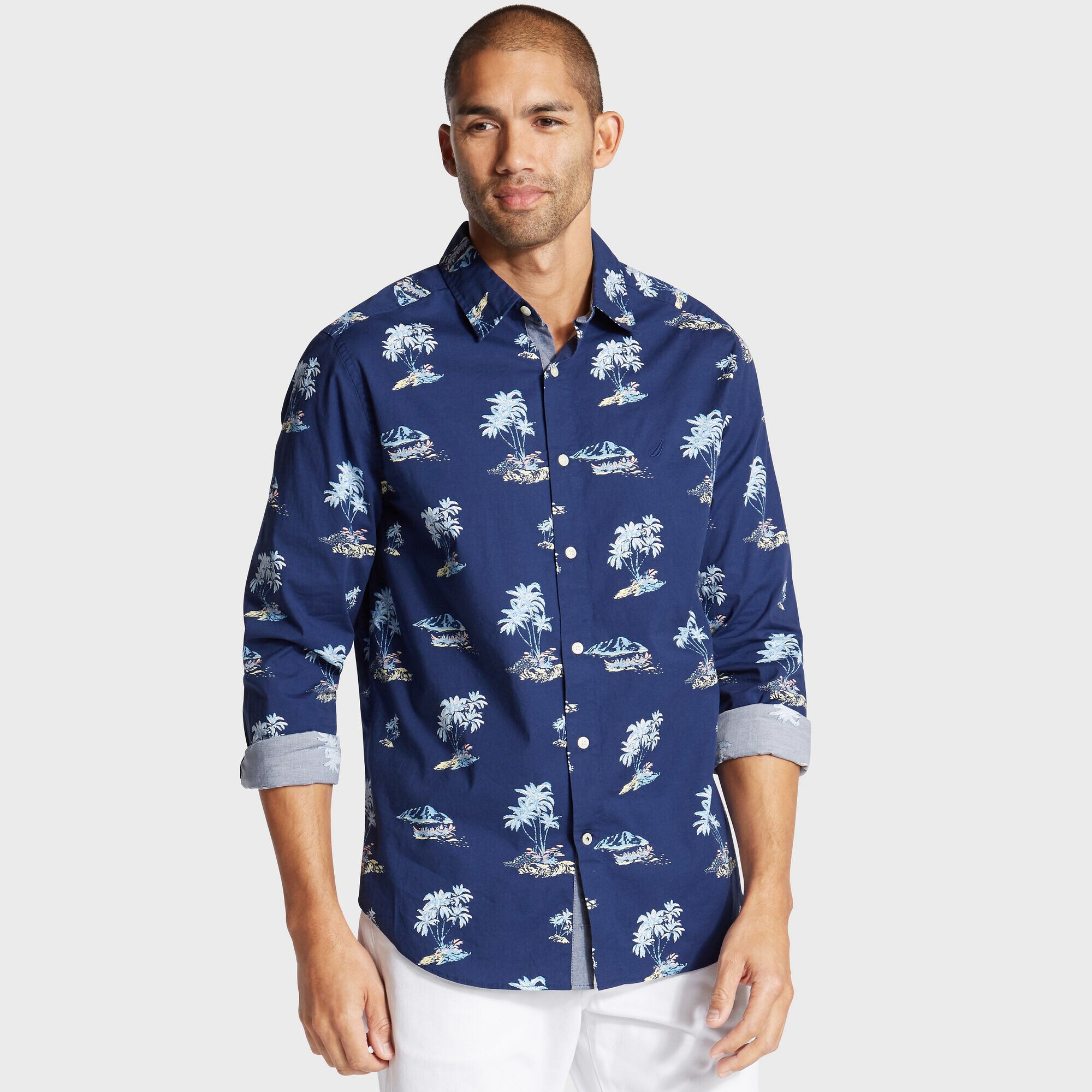 Big & Tall Palm Print Classic Fit Shirt,Blue Depths,large