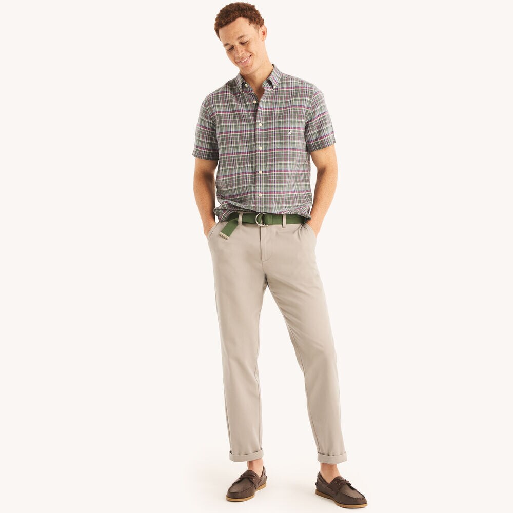 Plaid Linen Short-Sleeve Shirt,Olive,large