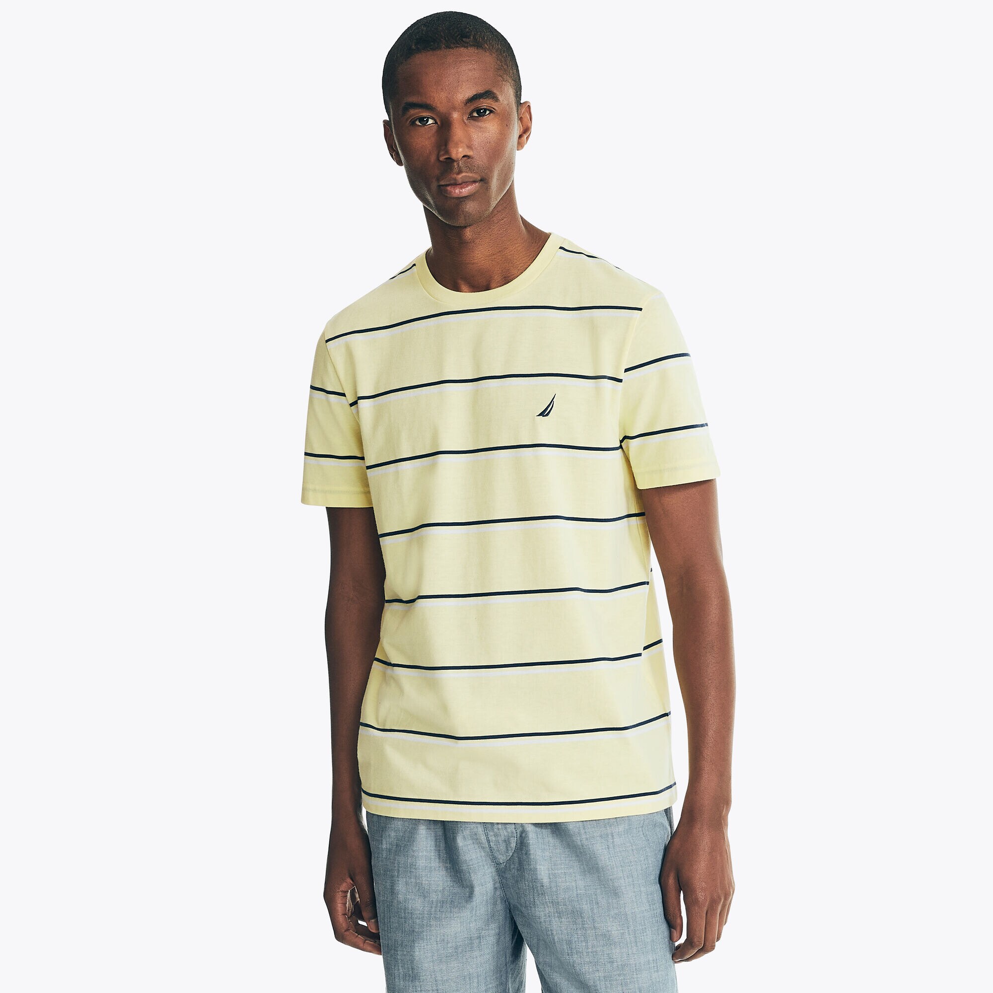 SUSTAINABLY CRAFTED STRIPED T-SHIRT,Light Gold,large