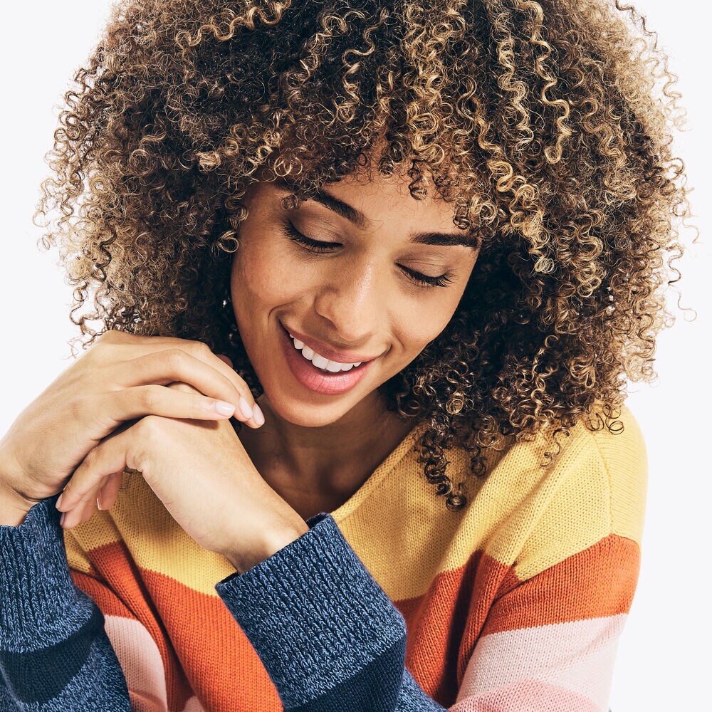 SUNSET STRIPE BOAT-NECK SWEATER,Stellar Blue Heather,large