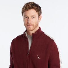 INTARSIA-KNIT STRIPE-SLEEVE CARDIGAN,Royal Burgundy,large