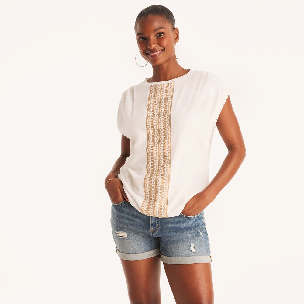 Embroidered Crewneck Top,Bright White,large