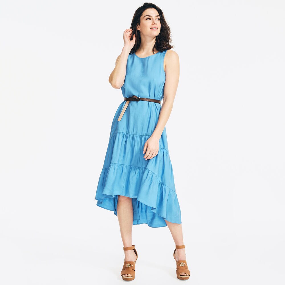 SUSTAINABLY CRAFTED TIERED HIGH-LOW DRESS,Distressed Blue Wash,large