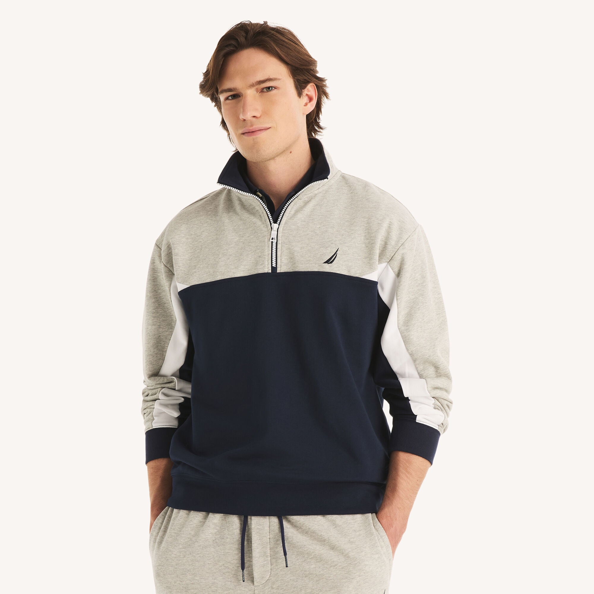 Quarter-Zip Colorblock Sweatshirt,Grey Heather,large