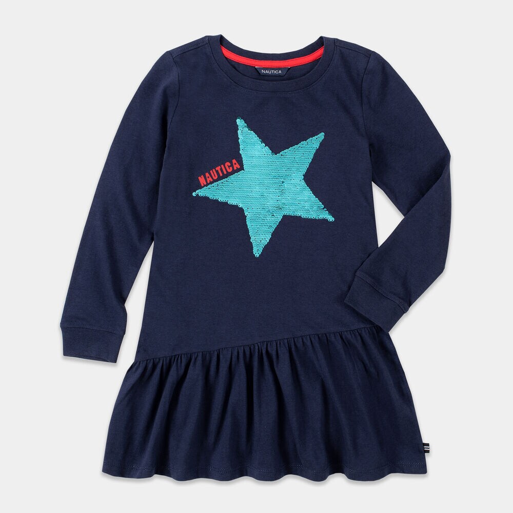 GIRLS' SEQUIN STAR DRESS (8-20),Navy,large