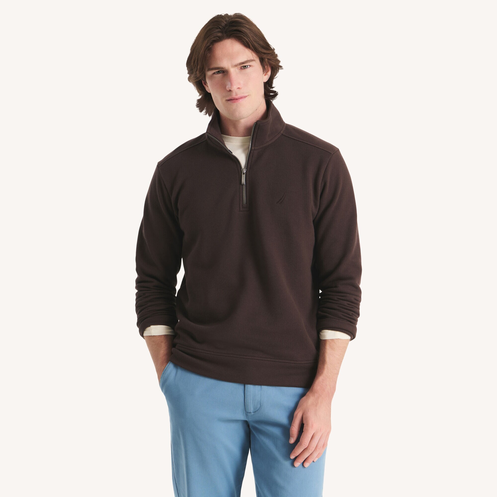 Classic Fit Piqu&eacute; Fleece Quarter-Zip Sweatshirt,Stonesand,large