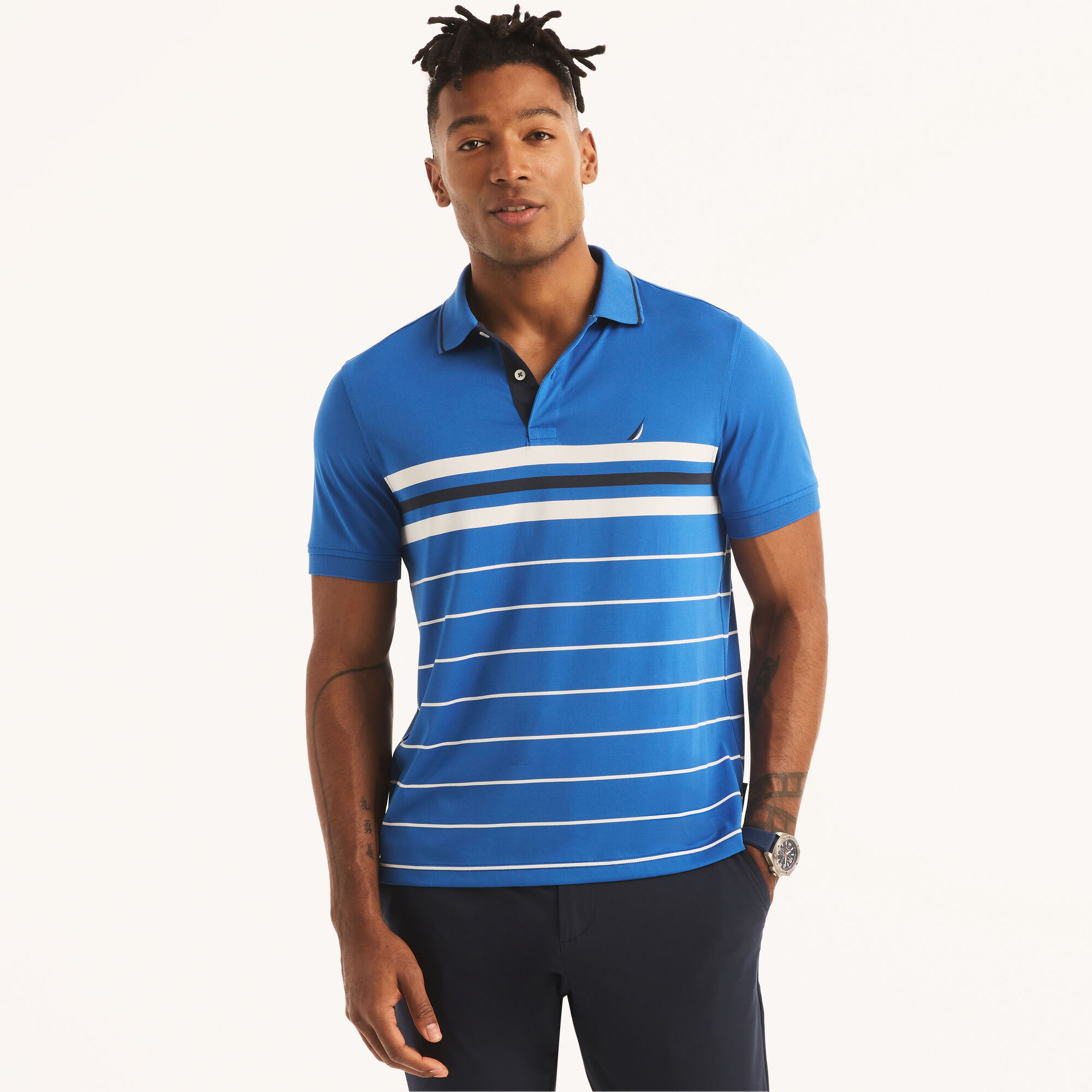 Navtech Classic Fit Striped Polo,True Navy,large