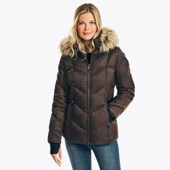 FAUX-FUR TRIMMED HOODED PUFFER,True Black,large