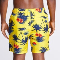 6" Hawaiian Palm Motif Full-Elastic Swim Shorts,Yellow Zest,large