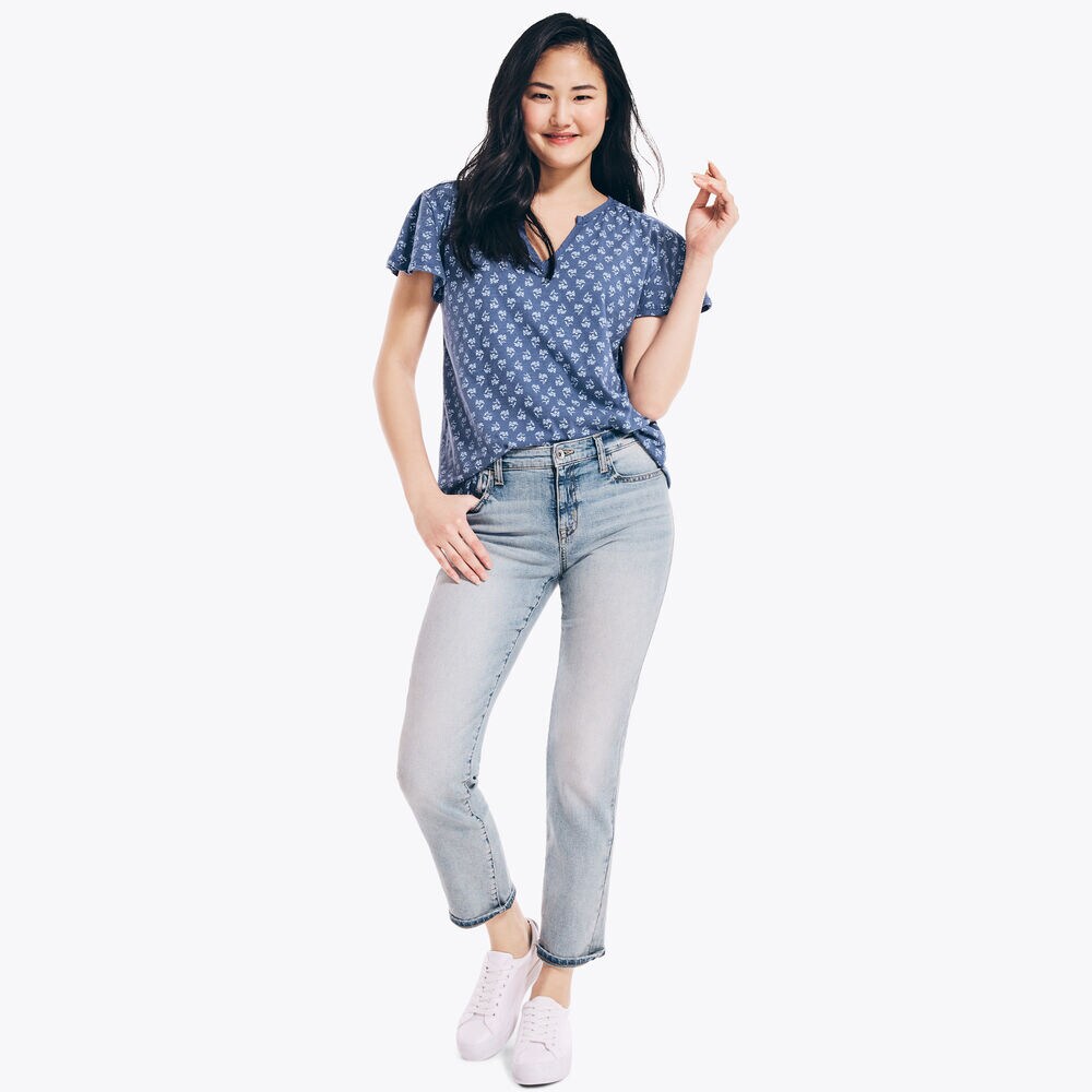 NAUTICA JEANS CO. PRINTED FLUTTER-SLEEVE TOP,Delphinium Blue,large