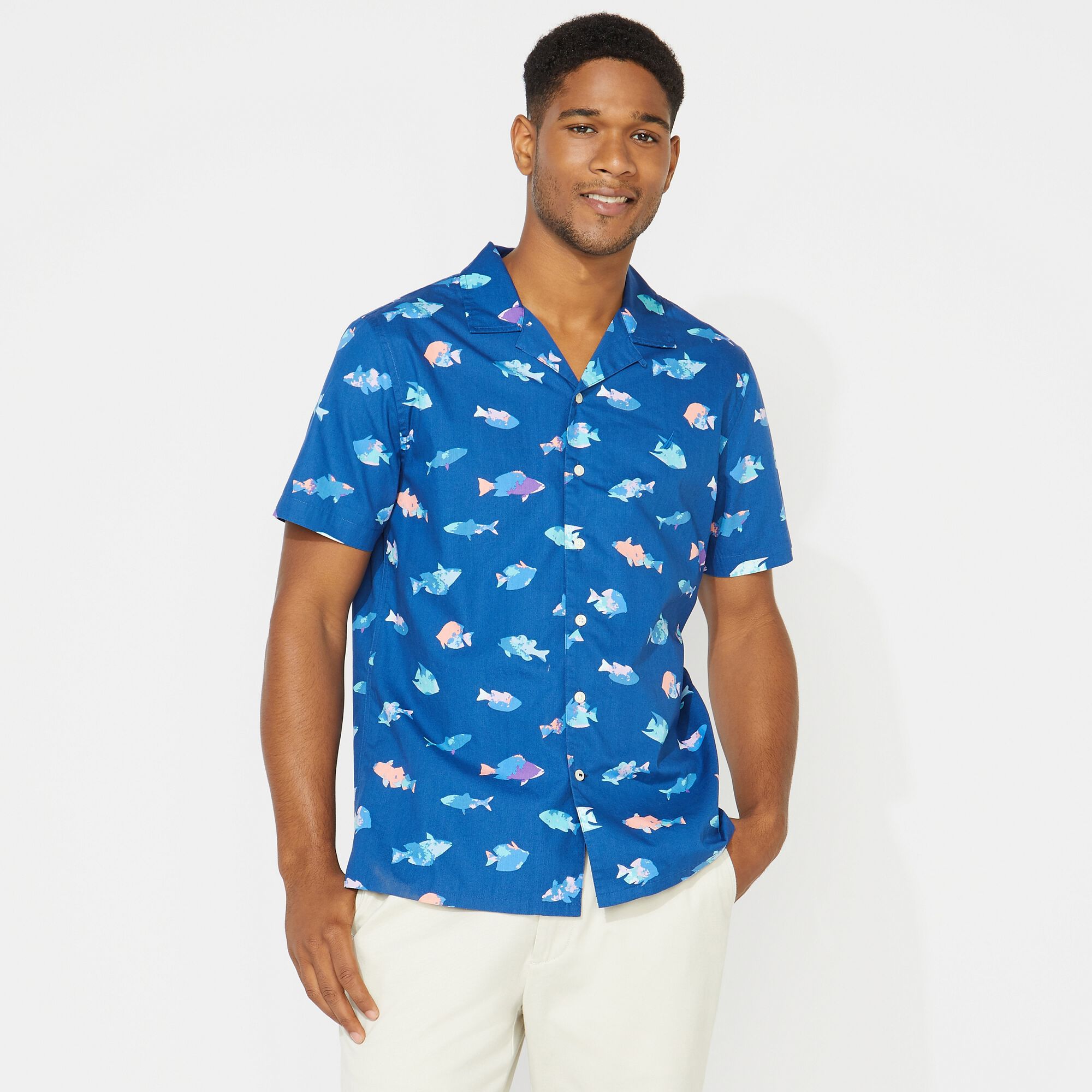 BIG & TALL CLASSIC FIT PRINTED CAMP SHIRT,Clear Sky Blue,large