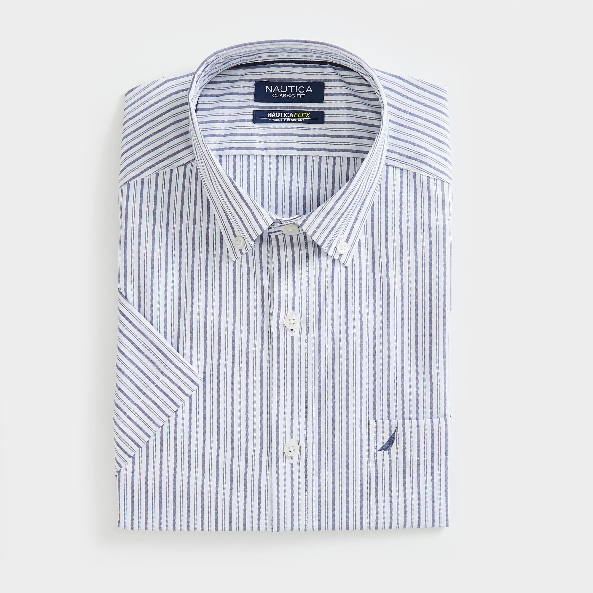 WRINKLE-RESISTANT STRIPED SHORT-SLEEVE SHIRT,J Navy,large