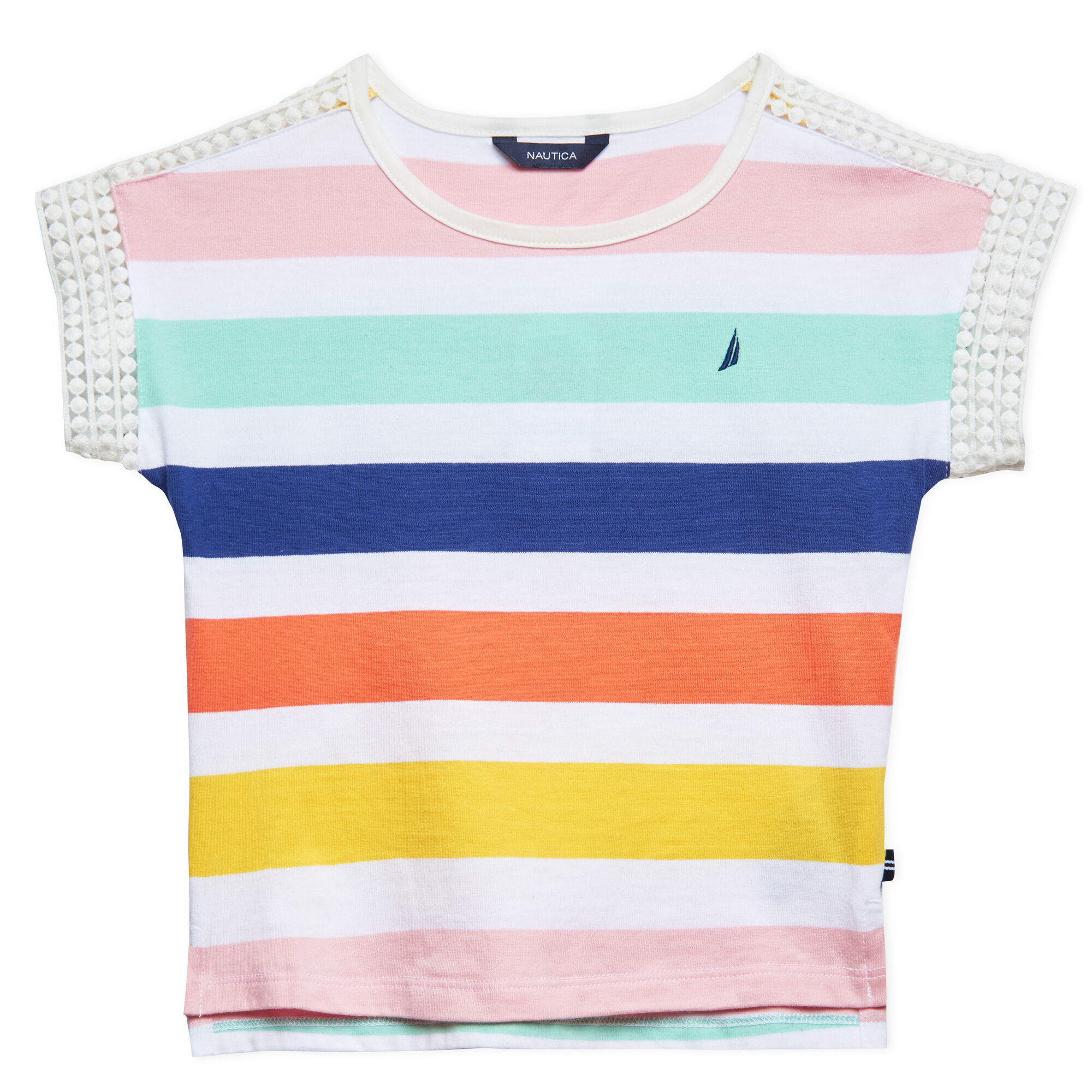 GIRLS' STRIPE JERSEY POM POM TRIM TOP,Zinfandel,large