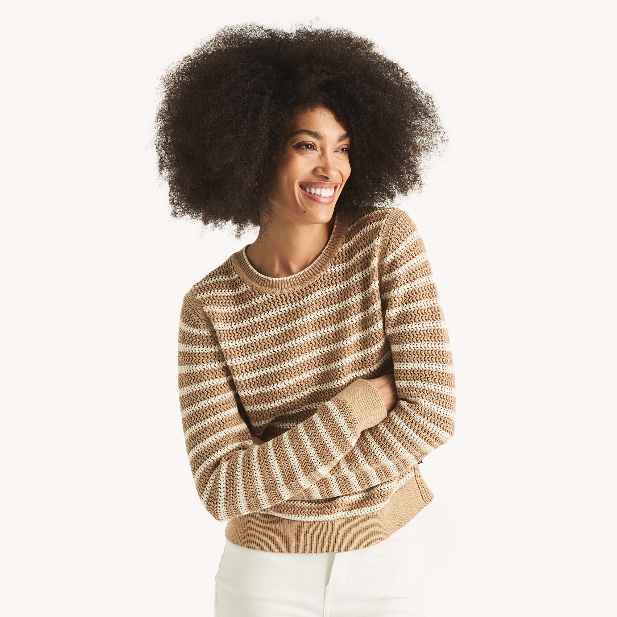 Striped Crewneck Sweater,Camel,large