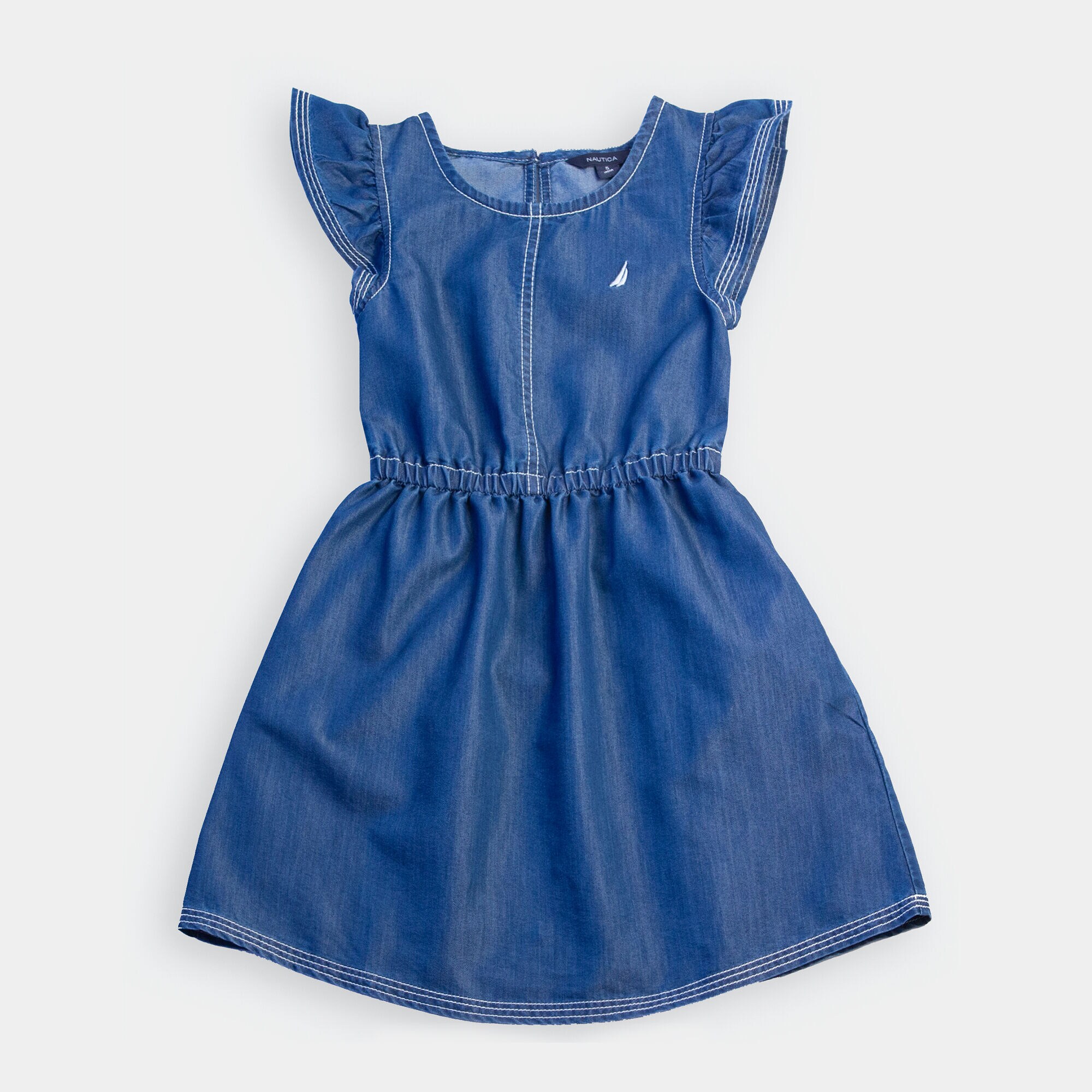 GIRLS' CHAMBRAY FLUTTER SLEEVE DRESS (8-20),Clear Sky Blue,large