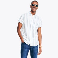Striped Linen Short-Sleeve Shirt,Sail White,large