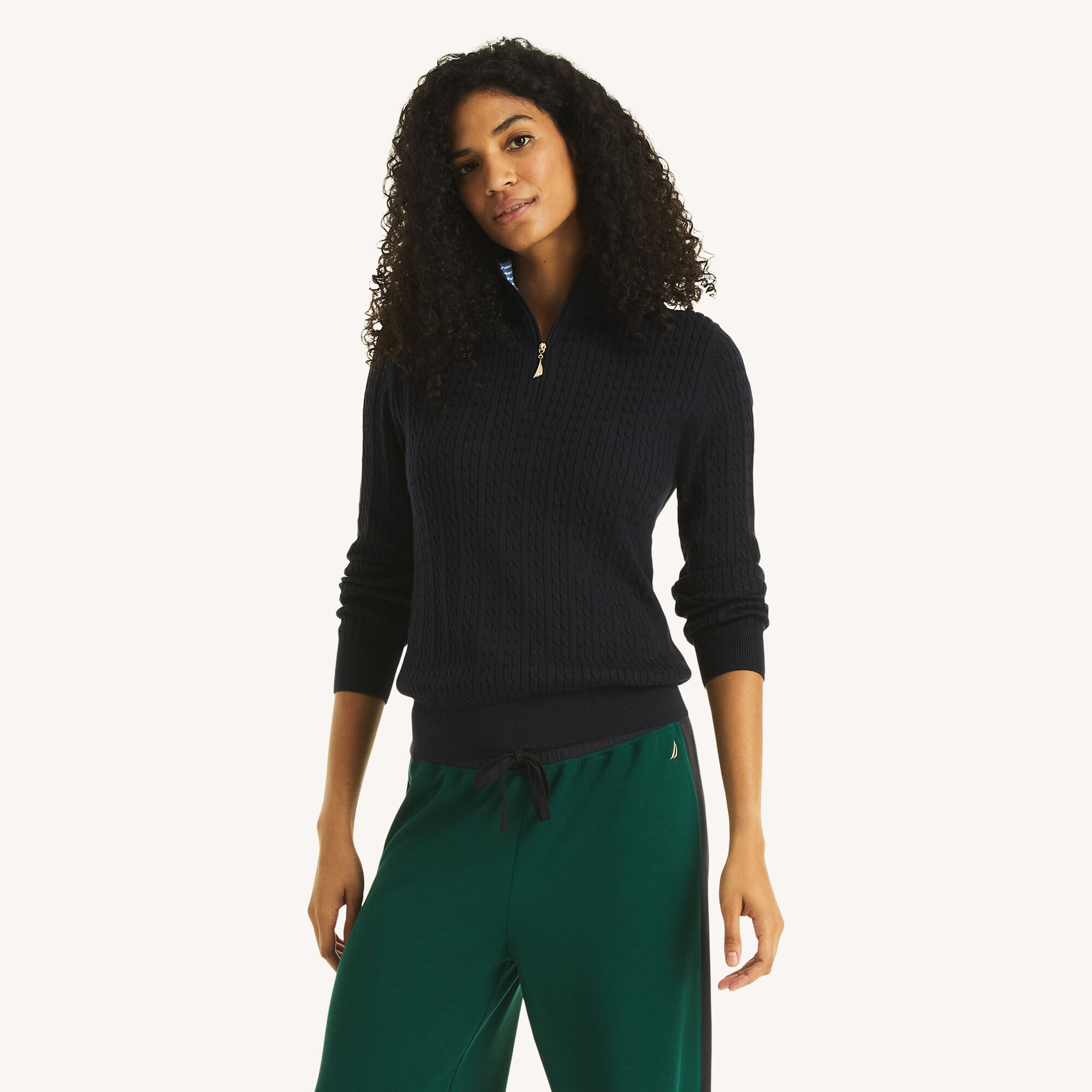 Quarter-Zip Cable Sweater,Blue Indigo Heather,large