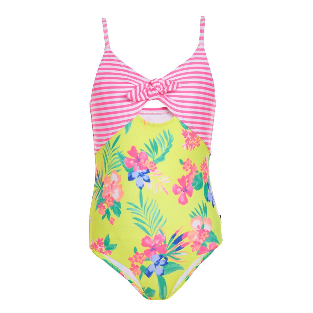 GIRLS' STRIPED AND FLORAL PRINT ONE-PIECE SWIMSUIT (8-20),Lemon Twist,large