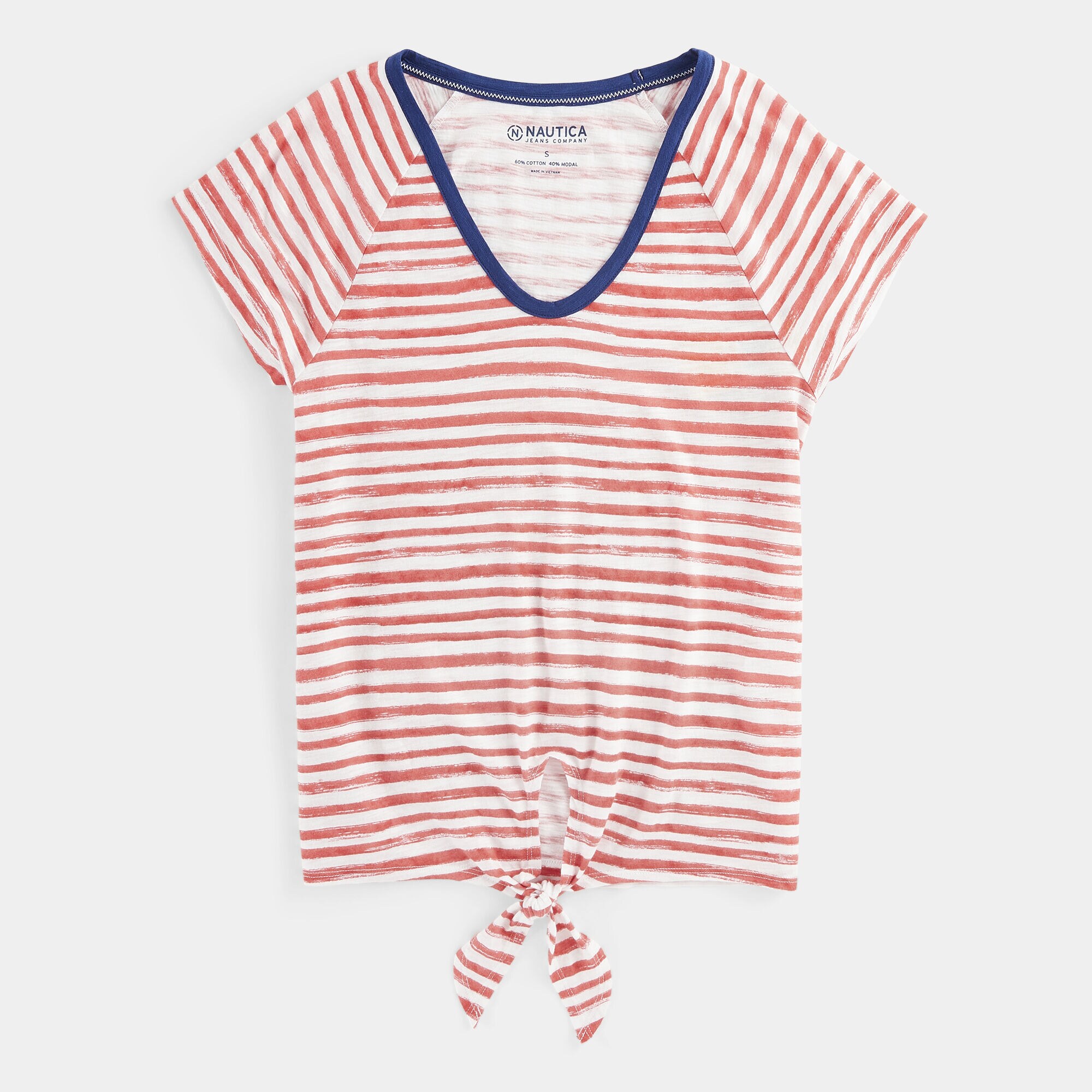 NAUTICA JEANS CO. STRIPE TIE-FRONT KNIT TOP,Buoy Red,large