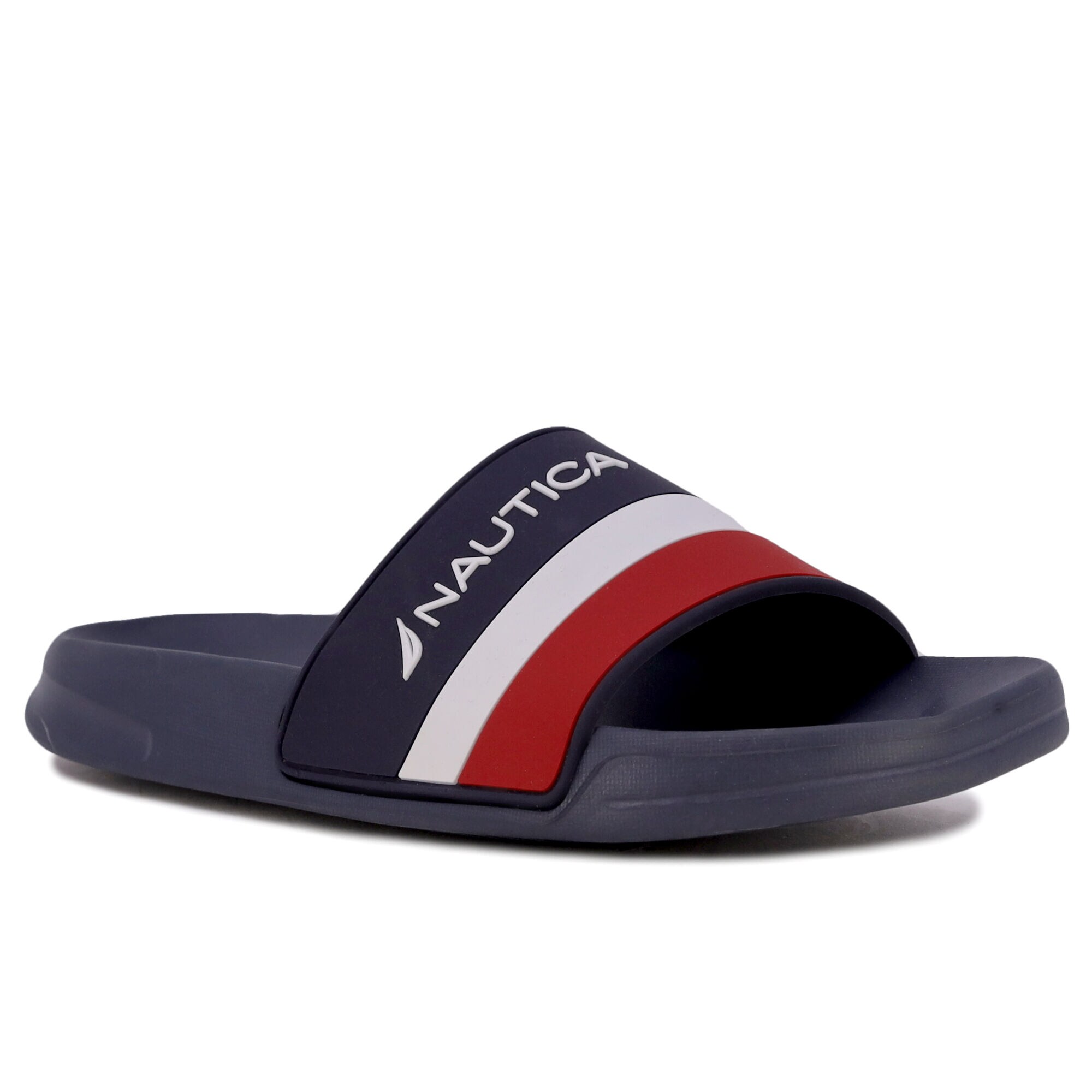 EMBOSSED STRIPED LOGO SLIDE SANDAL,Navy,large