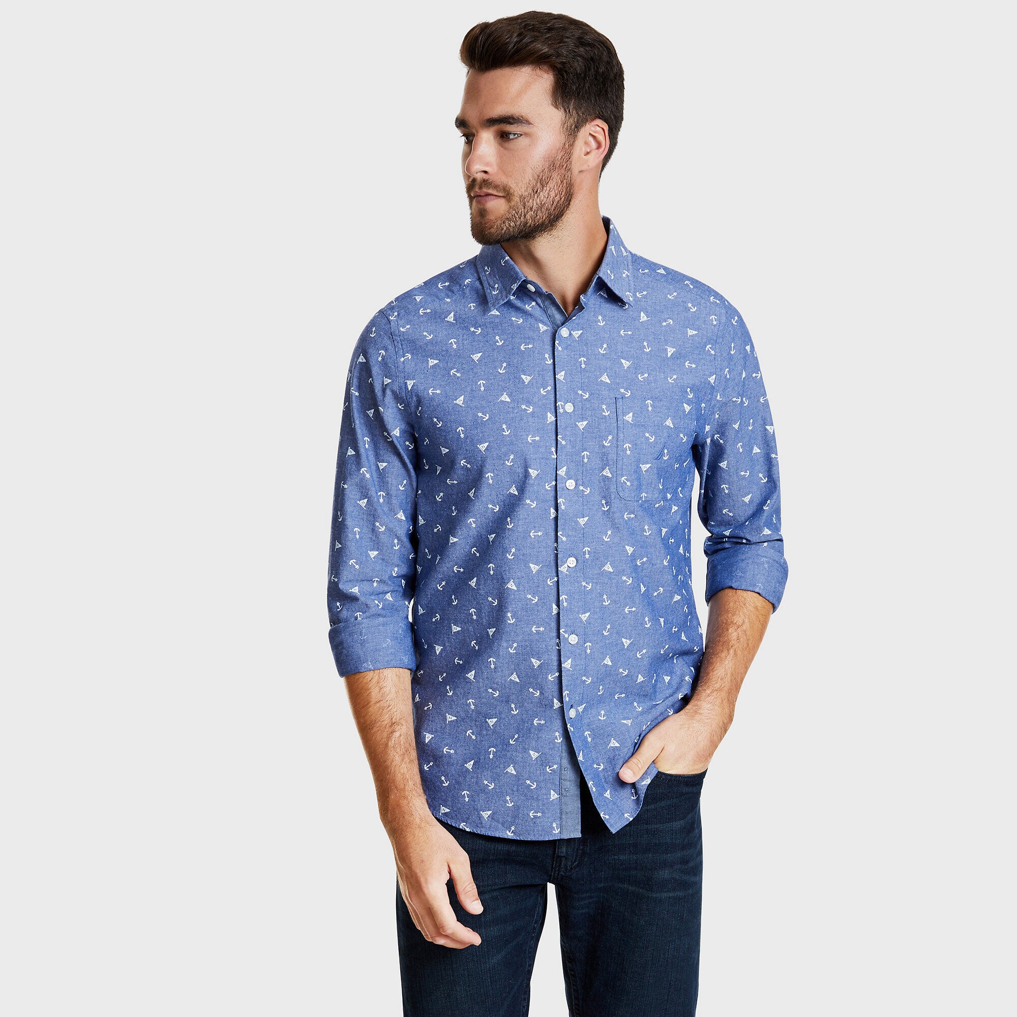 LONG SLEEVE PRINTED CHAMBRAY  SHIRT IN CLASSIC FIT ,Limoges,large