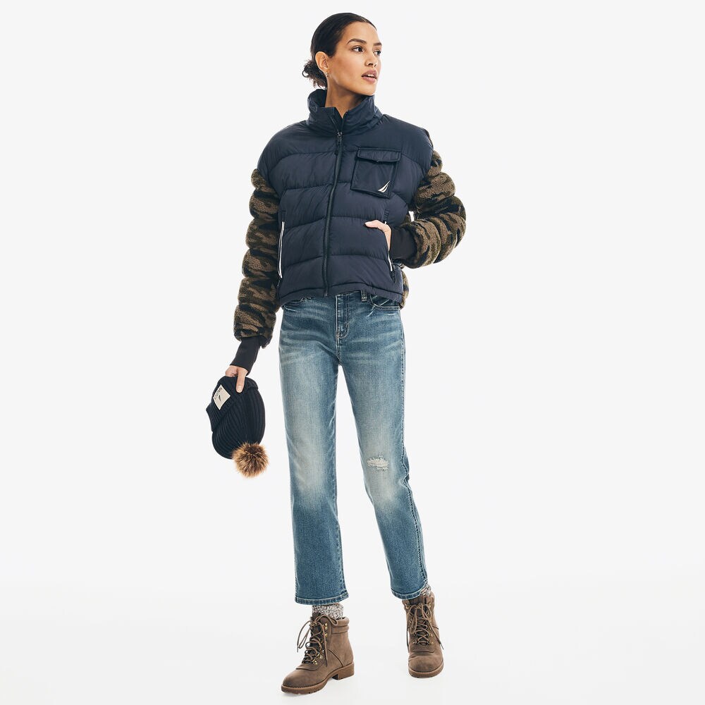 CAMOUFLAGE MIXED MEDIA FAUX SHEARLING JACKET,Navy,large