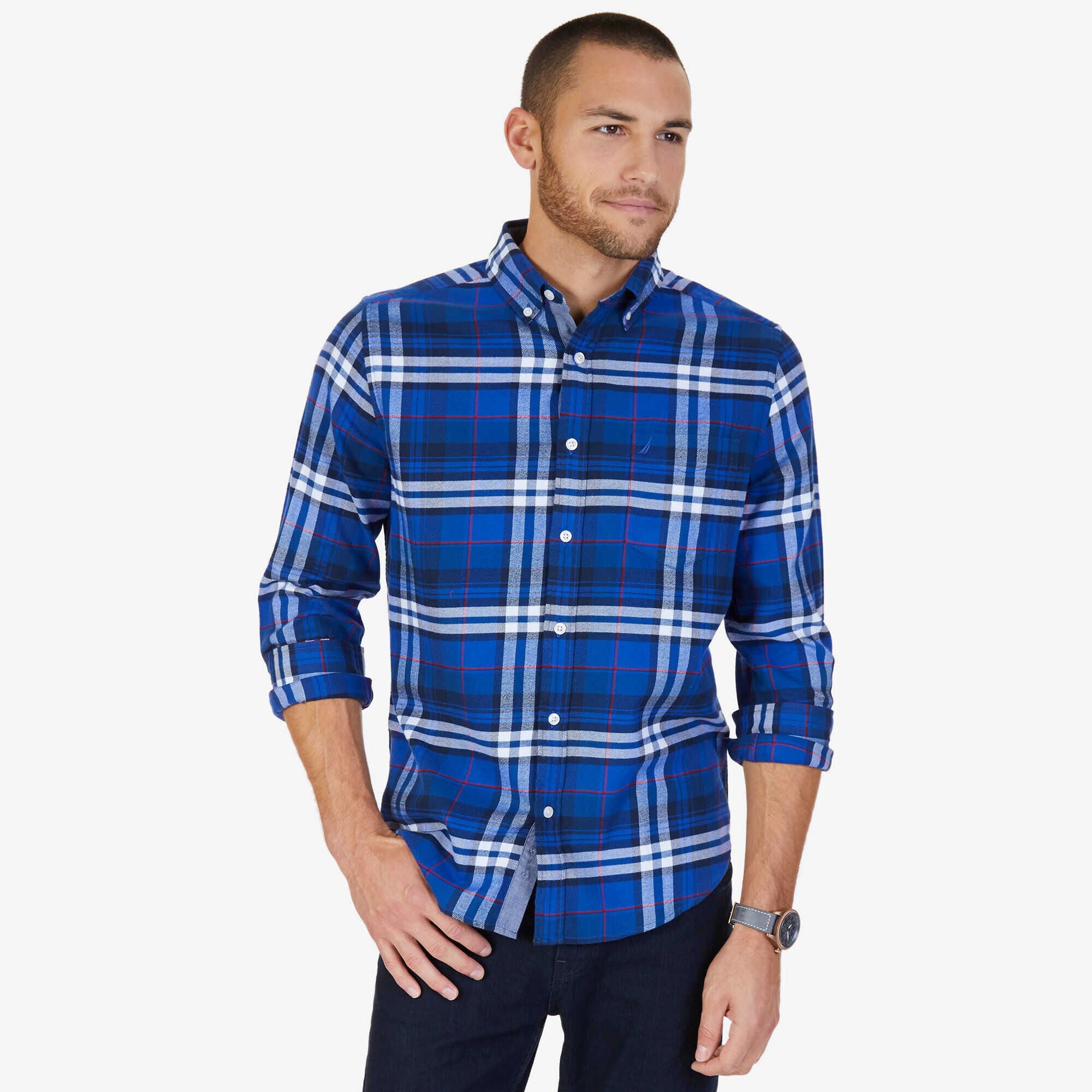 Casual Classic Fit Flannel Twill Plaid Button Down,Peacoat,large