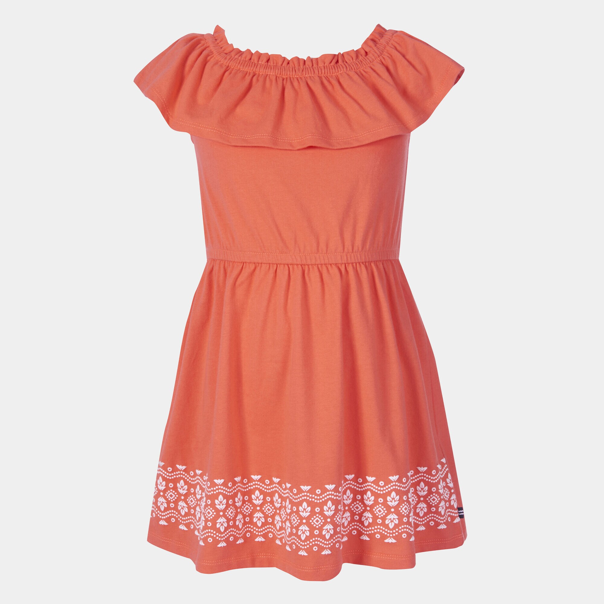 GIRLS' RUFFLED PRINT DRESS (8-20),Orange Sunset,large