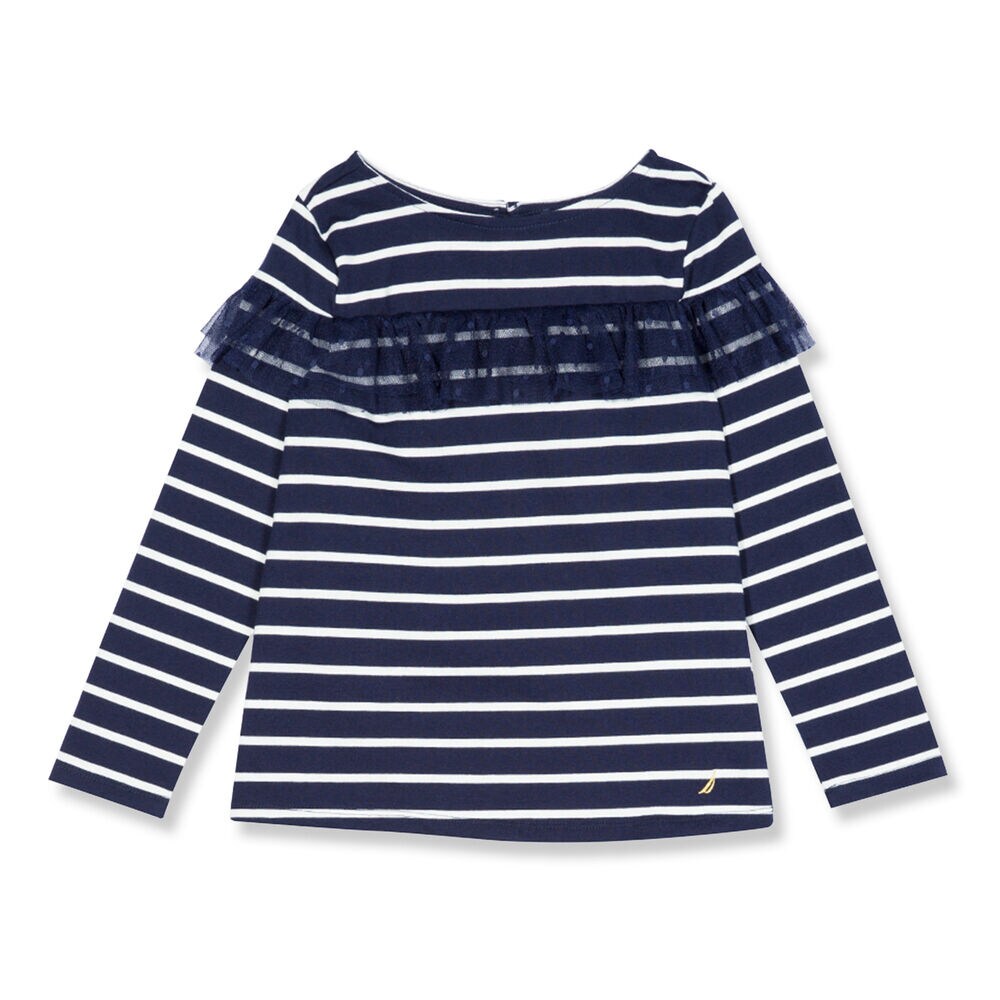 Little Girls' Striped Top With Mesh Ruffle (4-6X),Navy,large
