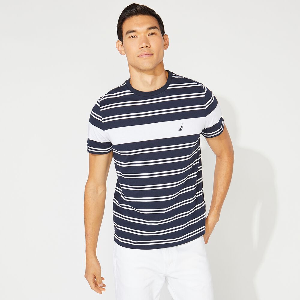 STRIPED CREWNECK T-SHIRT,Navy,large