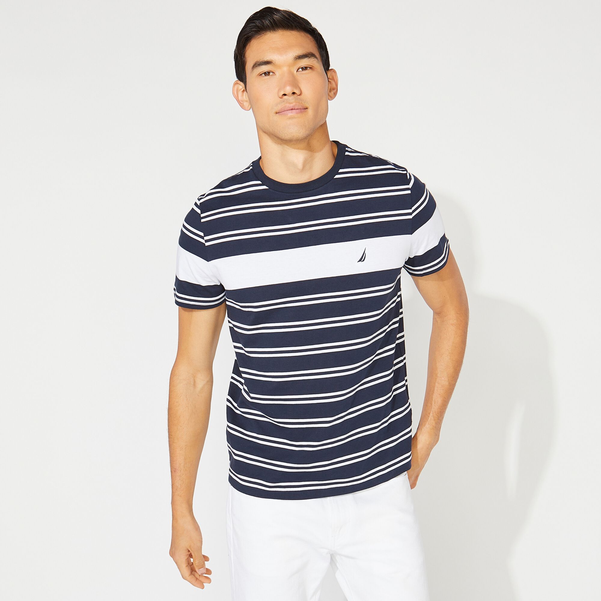STRIPED CREWNECK T-SHIRT,Navy,large