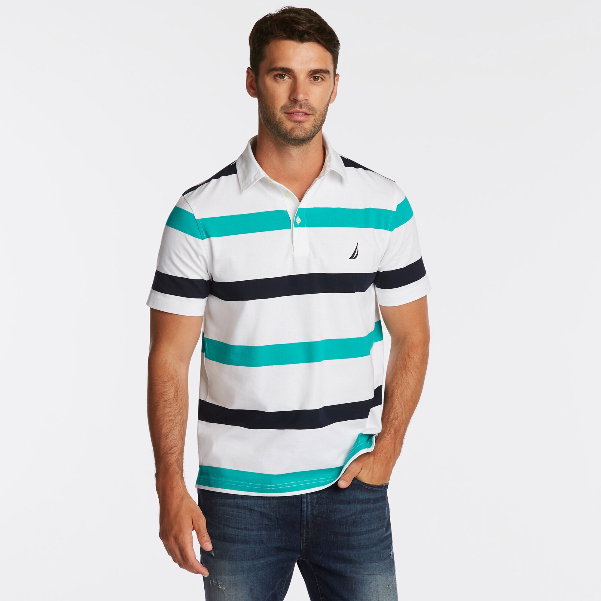 CLASSIC FIT NAVTECH MIXED STRIPE POLO,Bright White,large