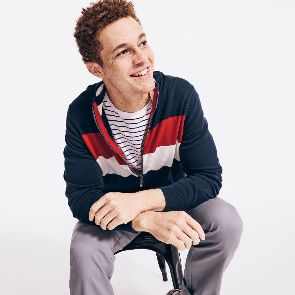 COLORBLOCK FULL-ZIP SWEATER,Navy,large