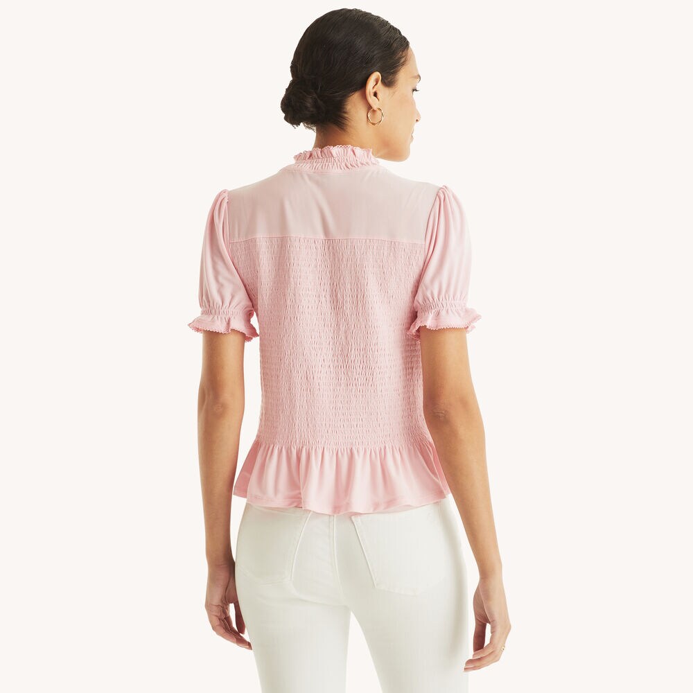 Mock-Neck Smocked Top,Oxford Pink,large