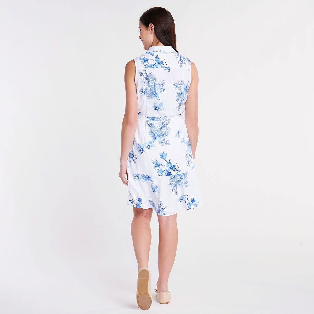 BOTANICAL PRINT SLEEVELESS SHIRT DRESS,Bright White,large