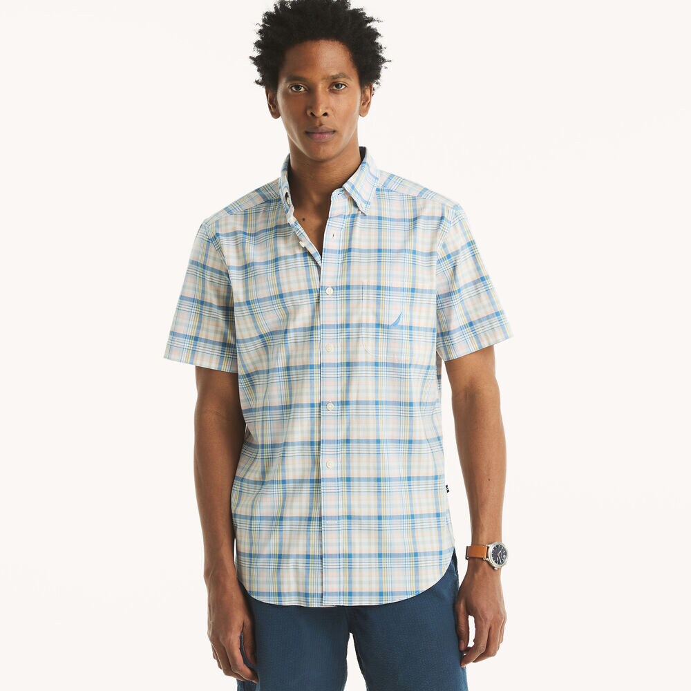 Plaid Short-Sleeve Shirt,Bright White,large