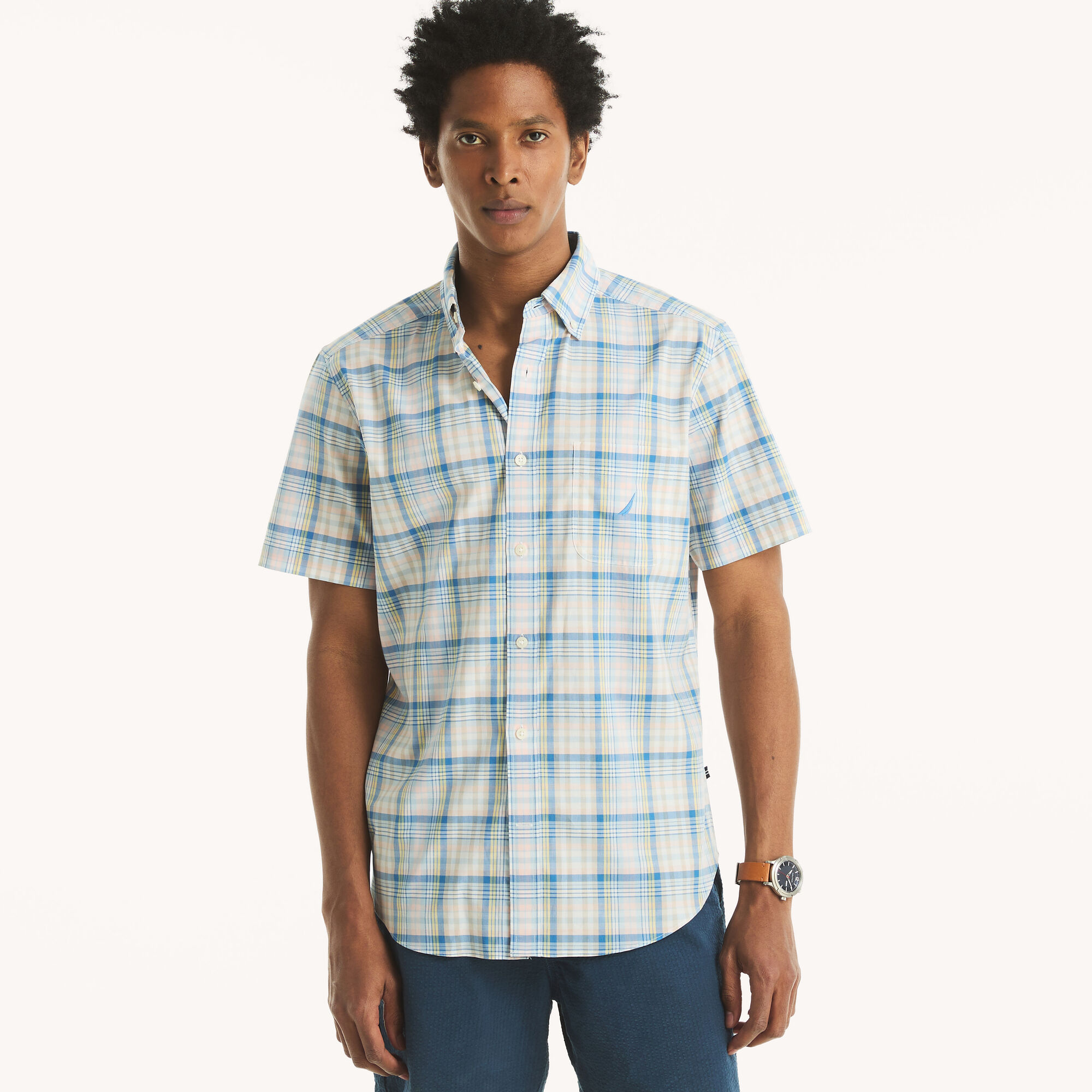Plaid Short-Sleeve Shirt,Bright White,large