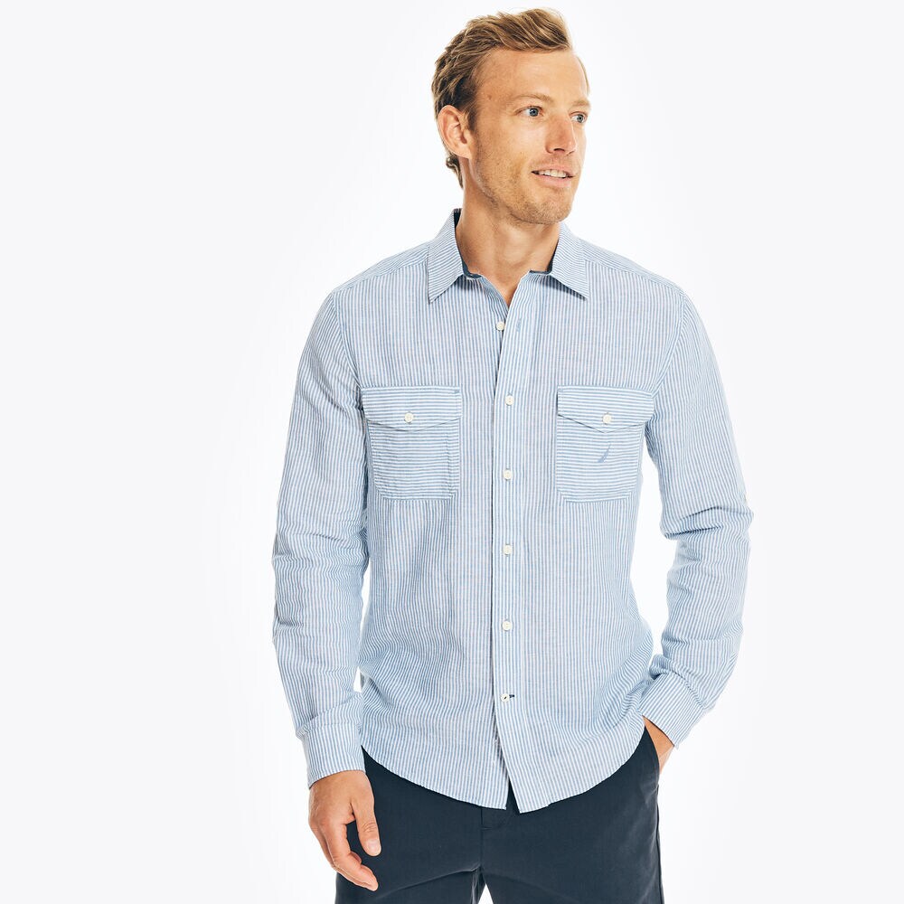 CLASSIC FIT LINEN STRIPED SHIRT,Bolt Blue,large