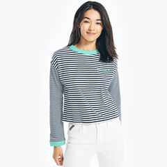 CROPPED STRIPED LONG-SLEEVE T-SHIRT,Bright White,large
