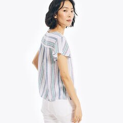 STRIPED V-NECK TOP,Bright White,large