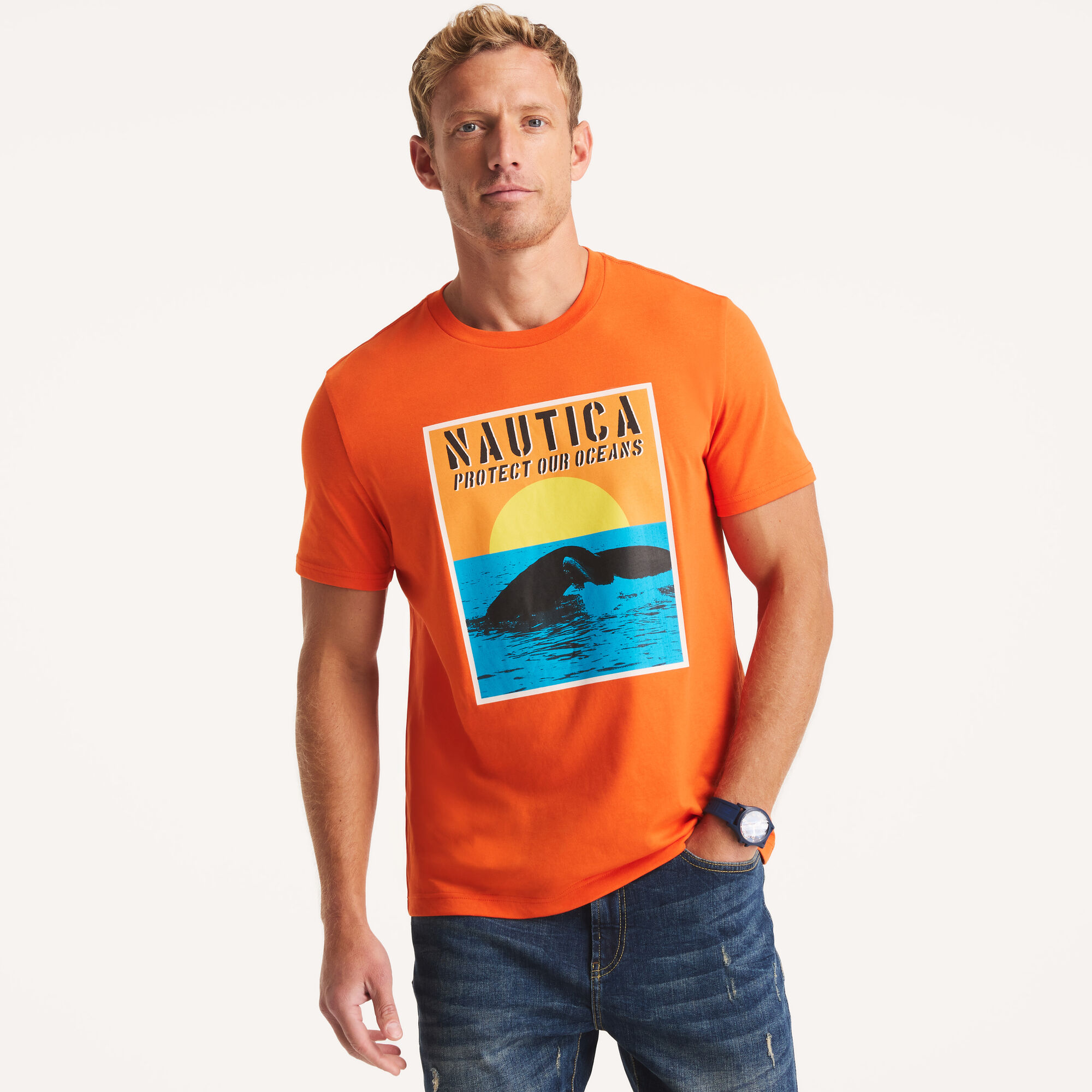 Protect Our Oceans Graphic T-Shirt,Pier Orange,large